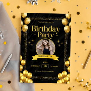 Tarjeta de invitación de cumpleaños Black Gold Ele