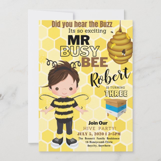 Tarjeta de invitación de cumpleaños Busy Bee 1 (Anverso)