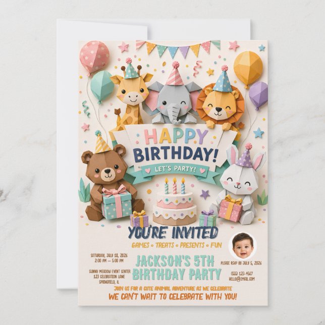 Tarjeta de Invitación de Cumpleaños con Animalitos (Anverso)