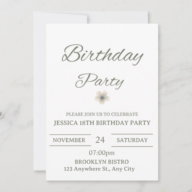 Tarjeta de Invitación de Cumpleaños con Diseño Flo (Anverso)