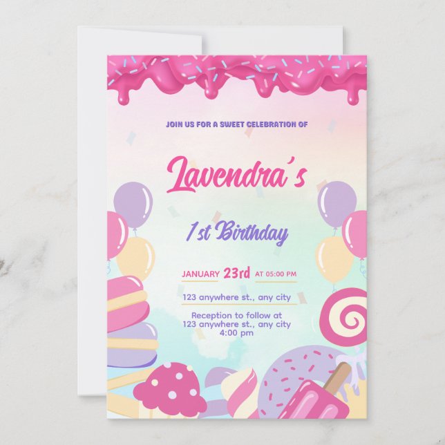 Tarjeta de Invitación de Cumpleaños con Dulces Pas (Anverso)