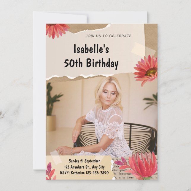 Tarjeta de Invitación de Cumpleaños con Floral Ele (Anverso)