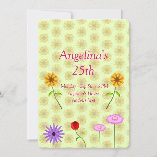 Tarjeta de invitación de cumpleaños con flores (Anverso)