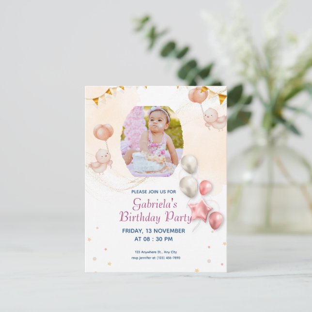 Tarjeta de Invitación de Cumpleaños con Foto Elega (Anverso de pie)