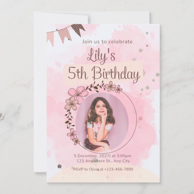 Tarjeta de Invitación de Cumpleaños con Foto y Acu (Anverso)