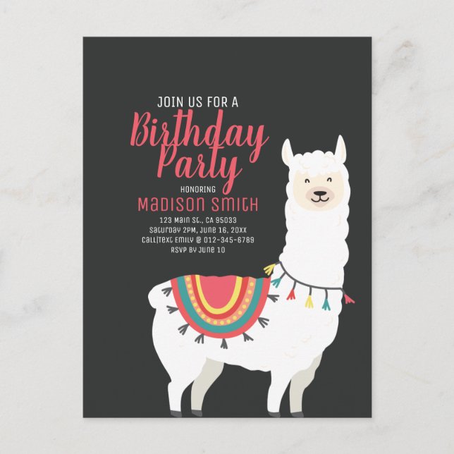 Tarjeta de Invitación de Cumpleaños con Llama y Gl (Anverso)