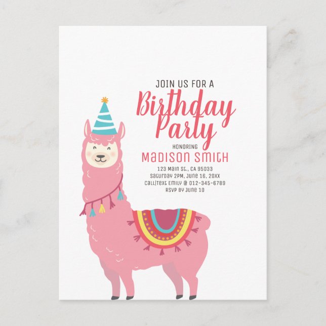 Tarjeta de invitación de cumpleaños con llamita y  (Anverso)