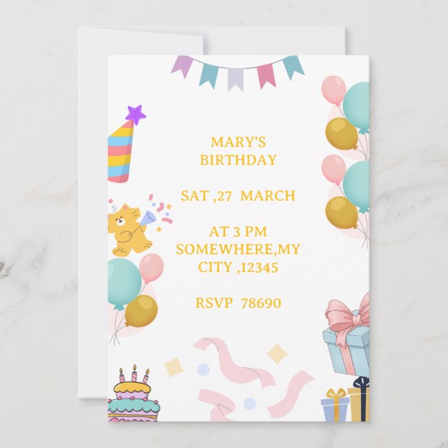 Tarjeta de Invitación de Cumpleaños con Pastel Ado (Anverso)