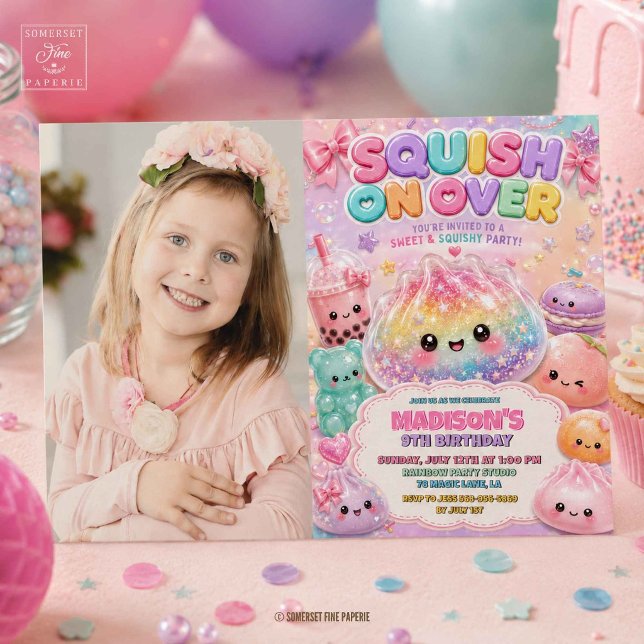 Tarjeta de Invitación de Cumpleaños con Squishies  (Rainbow Glitter Dumpling Squishies Birthday Party Invitation
)