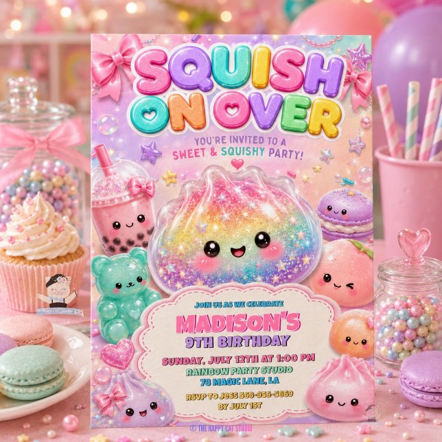 Tarjeta de Invitación de Cumpleaños con Squishies  (Rainbow Glitter Dumpling Squishies Birthday Party Invitation)