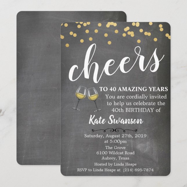 Tarjeta de invitación de cumpleaños con tiza de vi (Anverso / Reverso)
