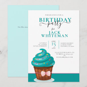 TARJETA DE INVITACIÓN DE CUMPLEAÑOS CUPCAKE TEAL F