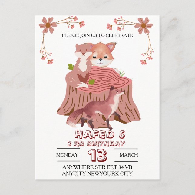 Tarjeta de Invitación de Cumpleaños de Animales de (Anverso)