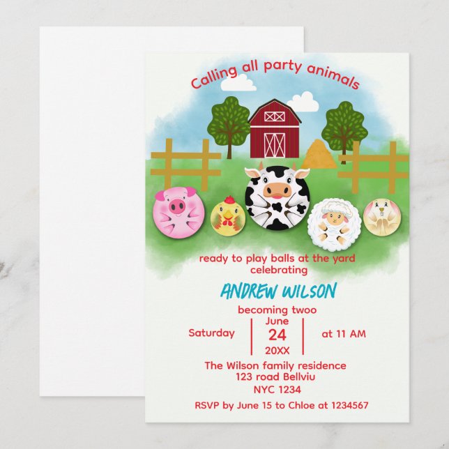 Tarjeta de Invitación de Cumpleaños de Animales de (Anverso / Reverso)