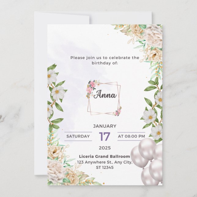 Tarjeta de invitación de cumpleaños de Anna (Anverso)