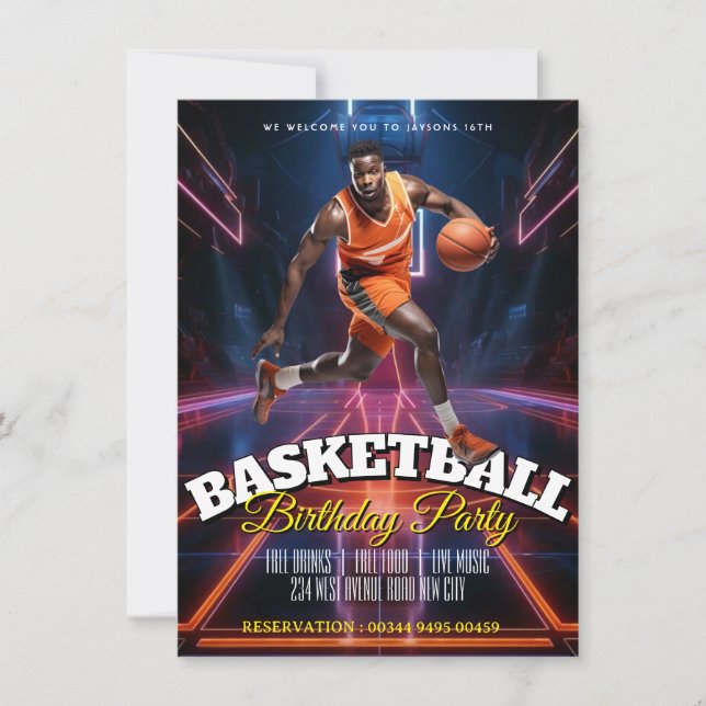 Tarjeta de invitación de cumpleaños de baloncesto  (Anverso)
