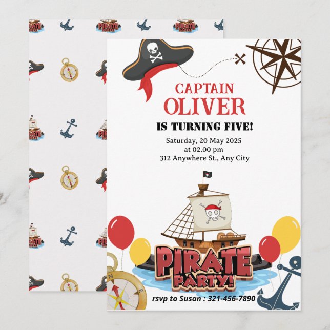 Tarjeta de invitación de cumpleaños de barco pirat (Anverso / Reverso)