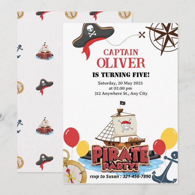 Tarjeta de invitación de cumpleaños de barco pirat (Anverso / Reverso)