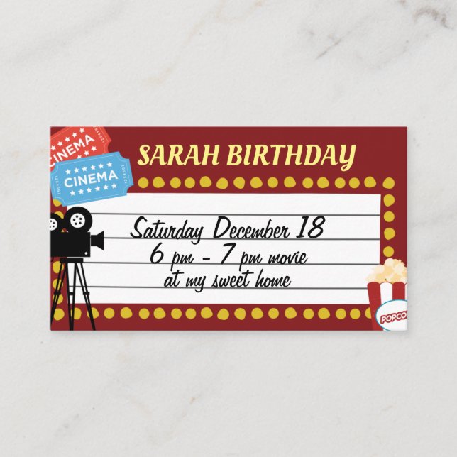 tarjeta de invitación de cumpleaños de cine (Anverso)