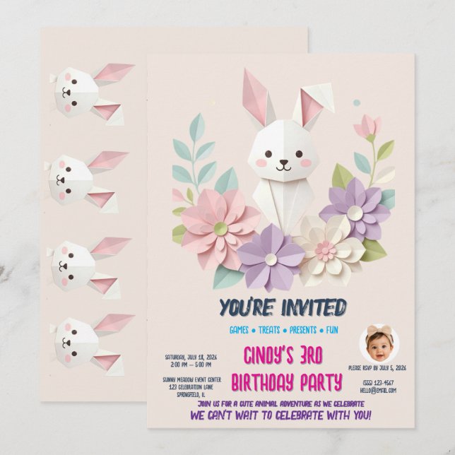 Tarjeta de Invitación de Cumpleaños de Conejito de (Anverso / Reverso)