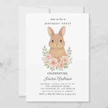 Tarjeta de Invitación de Cumpleaños de Conejo y Fl