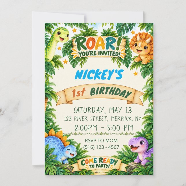 Tarjeta de Invitación de Cumpleaños de Dinosaurio  (Anverso)