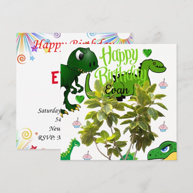 Tarjeta de Invitación de Cumpleaños de Dinosaurio (Anverso / Reverso)