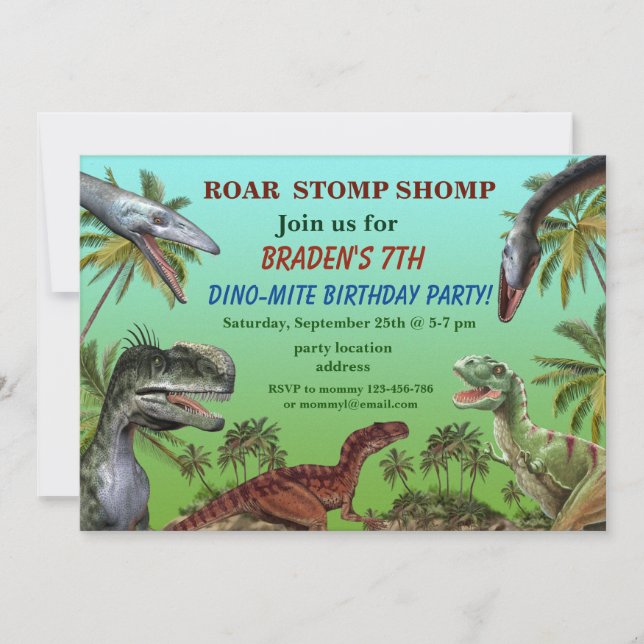 Tarjeta de invitación de cumpleaños de dinosaurios (Anverso)