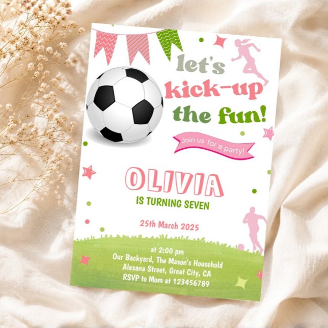 Tarjeta de invitación de cumpleaños de fútbol para (Girls Soccer Birthday Party Invitation, Editable Girl Football Party Pink)