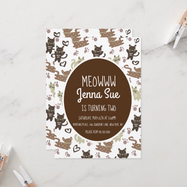 Tarjeta de Invitación de Cumpleaños de Gatito Ador (Anverso/Reverso In Situ)