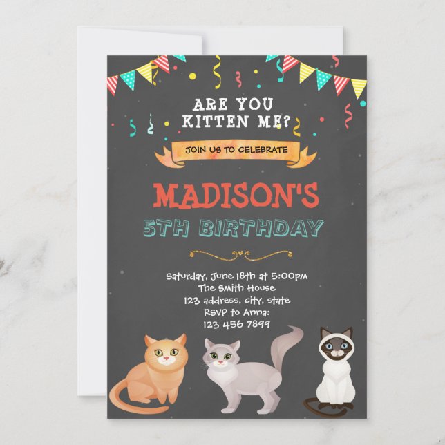 Tarjeta de invitación de cumpleaños de gatito masc (Anverso)