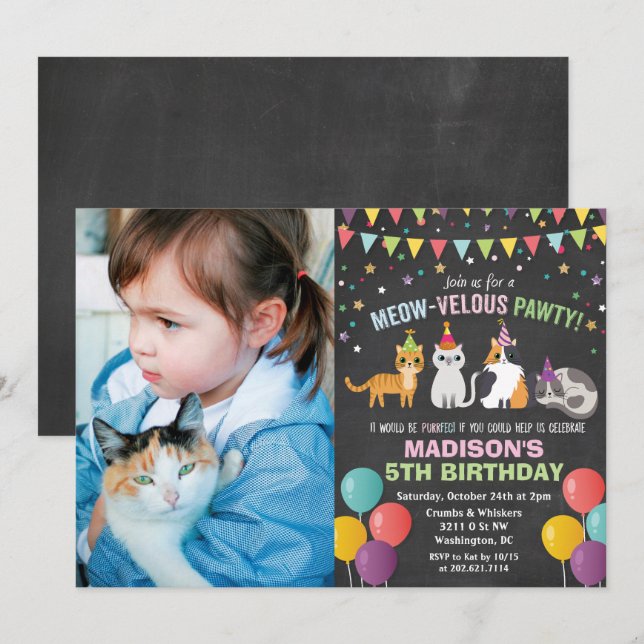 TARJETA DE INVITACIÓN DE CUMPLEAÑOS DE GATO CON TI (Anverso / Reverso)