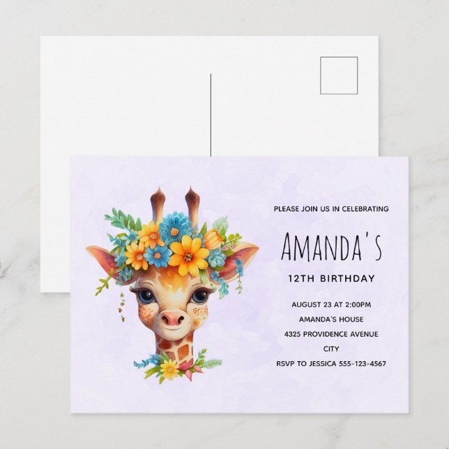 Tarjeta de invitación de cumpleaños de jirafa lind (Anverso / Reverso)