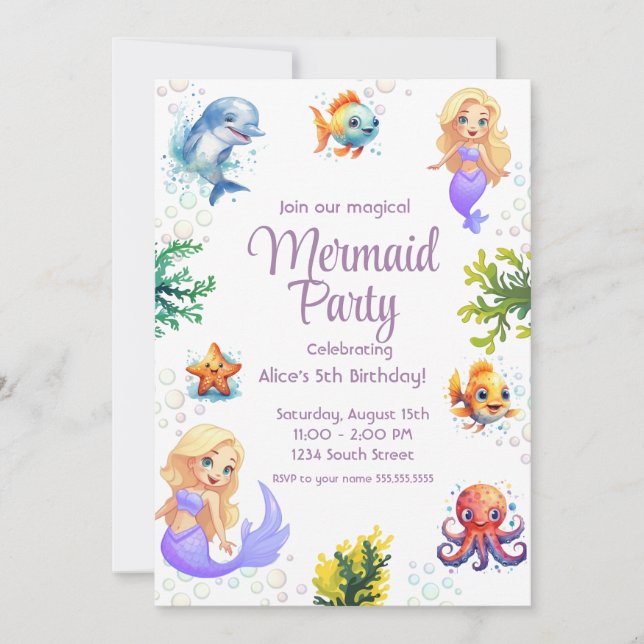 Tarjeta de invitación de cumpleaños de la sirena a (Anverso)