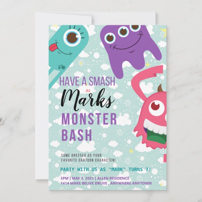 Tarjeta de invitación de cumpleaños de Monster (Anverso)