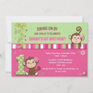 Tarjeta de invitación de cumpleaños de niña mono 5