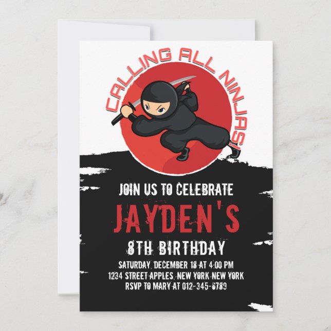 TARJETA DE INVITACIÓN DE CUMPLEAÑOS DE NINJA NEGRA (Anverso)