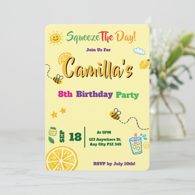 Tarjeta de invitación de cumpleaños de niños con t (Anverso de pie)