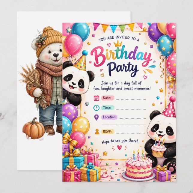 Tarjeta de Invitación de Cumpleaños de Panda Adora (Anverso / Reverso)