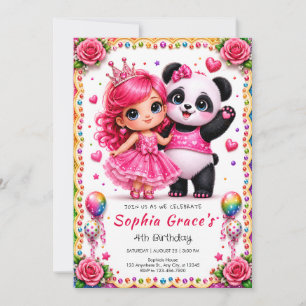 Tarjeta de Invitación de Cumpleaños de Panda Rosa