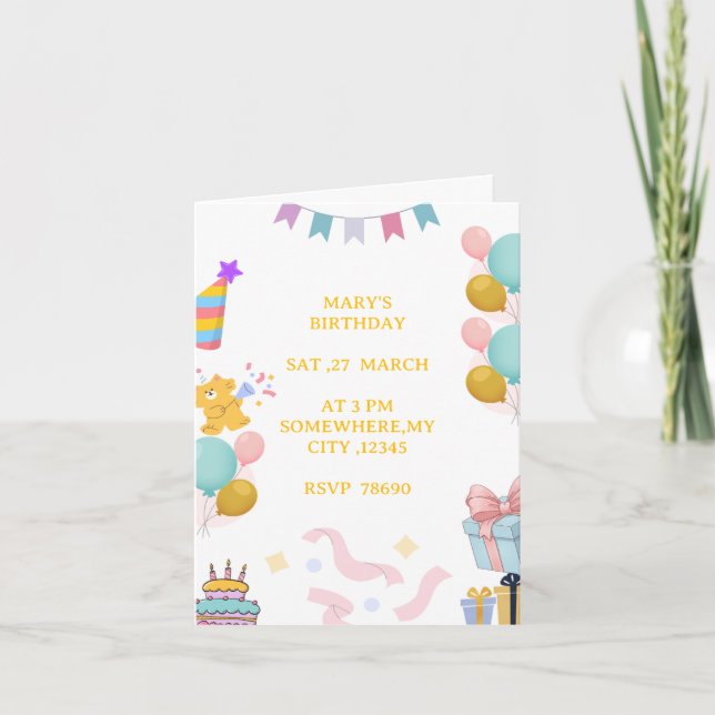 Tarjeta de Invitación de Cumpleaños de Pastel Ador (Anverso)