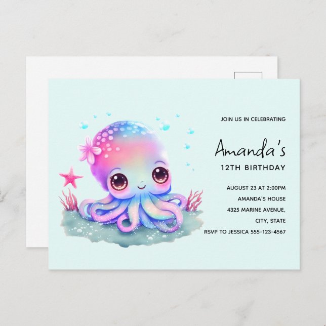 Tarjeta de invitación de cumpleaños de pulpo criat (Anverso / Reverso)