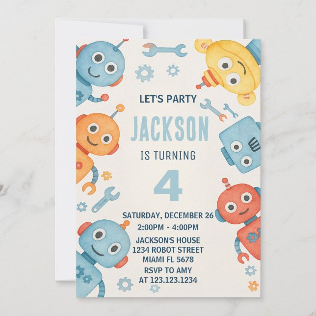 Tarjeta de Invitación de Cumpleaños de Robot Acuar (Anverso)