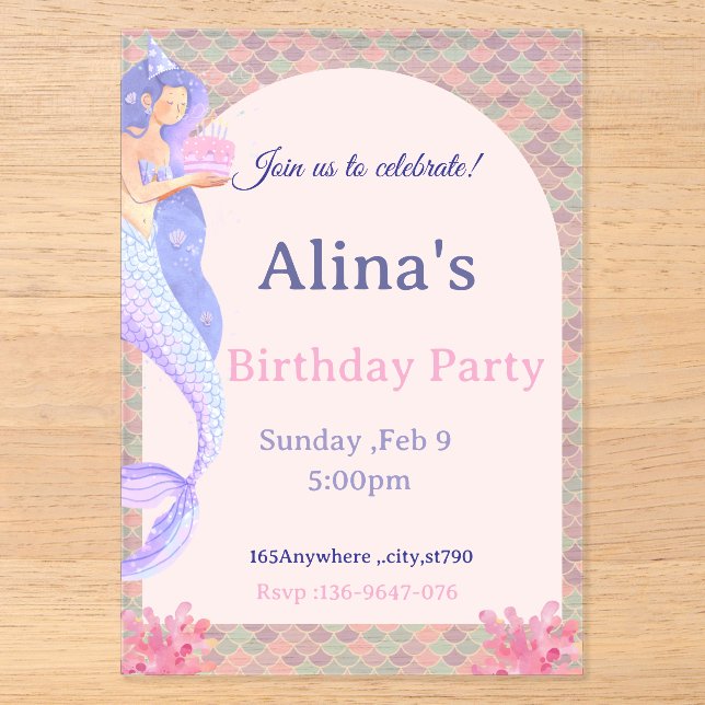 Tarjeta de Invitación de Cumpleaños de Sirena Bajo (Anverso)
