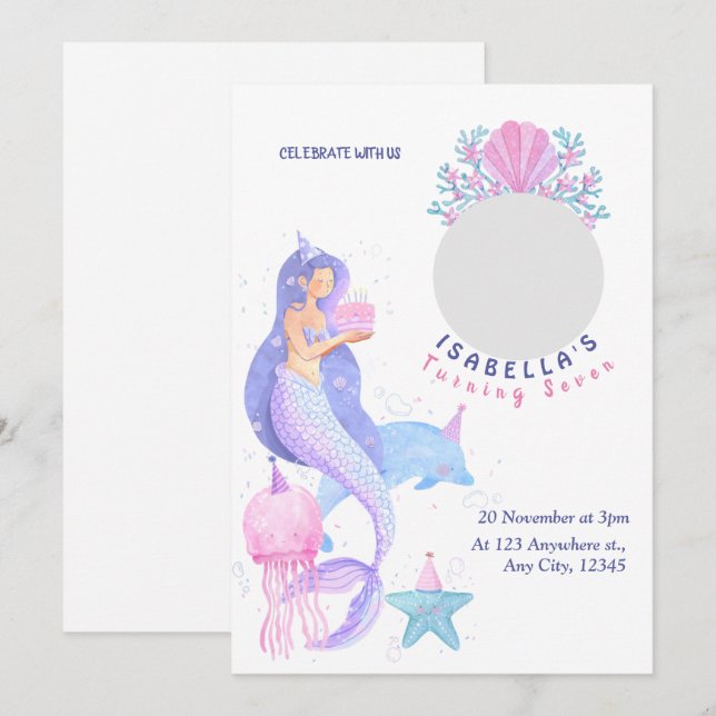 Tarjeta de Invitación de Cumpleaños de Sirena Bajo (Anverso / Reverso)