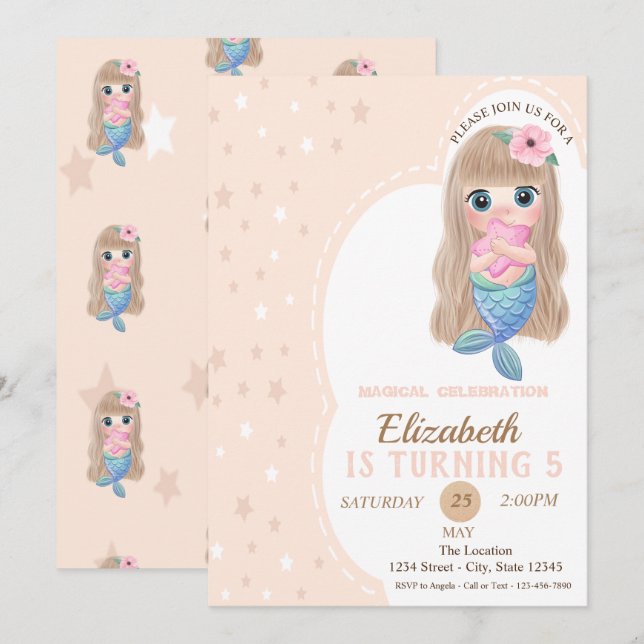 Tarjeta de Invitación de Cumpleaños de Sirena Bebé (Anverso / Reverso)