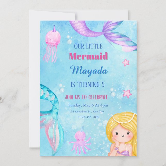Tarjeta de Invitación de Cumpleaños de Sirena Edit (Anverso)