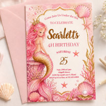 Tarjeta de invitación de cumpleaños de sirena rosa