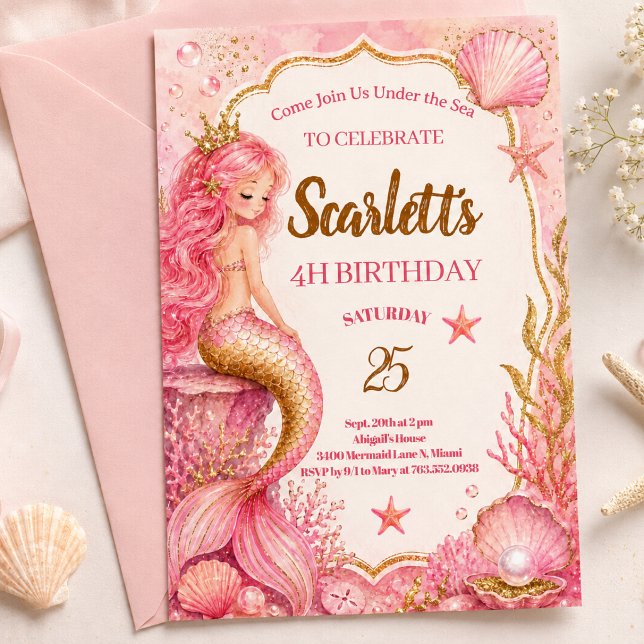 Tarjeta de Invitación de Cumpleaños de Sirena Rosa (Subido por el creador)