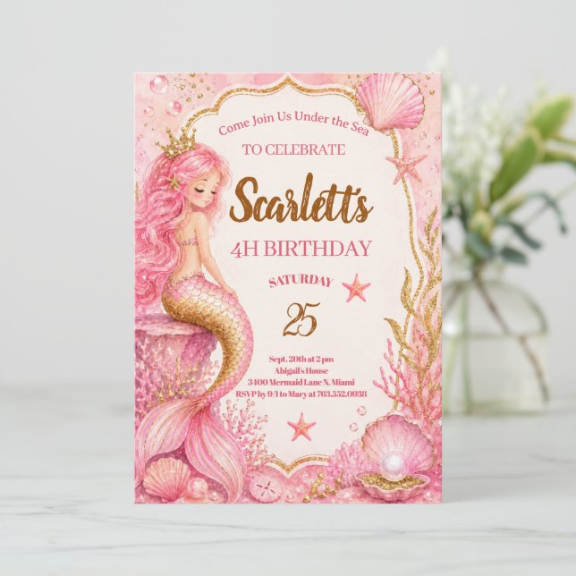 Tarjeta de Invitación de Cumpleaños de Sirena Rosa (Anverso de pie)